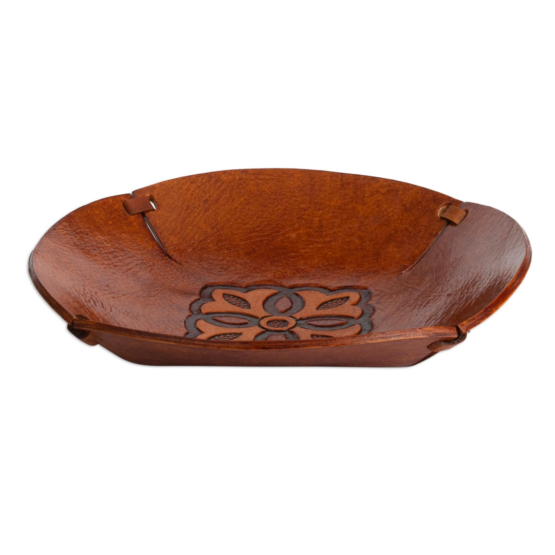 Brown Hand Tooled Leather Catchall Plate from Peru - Colonial Florals