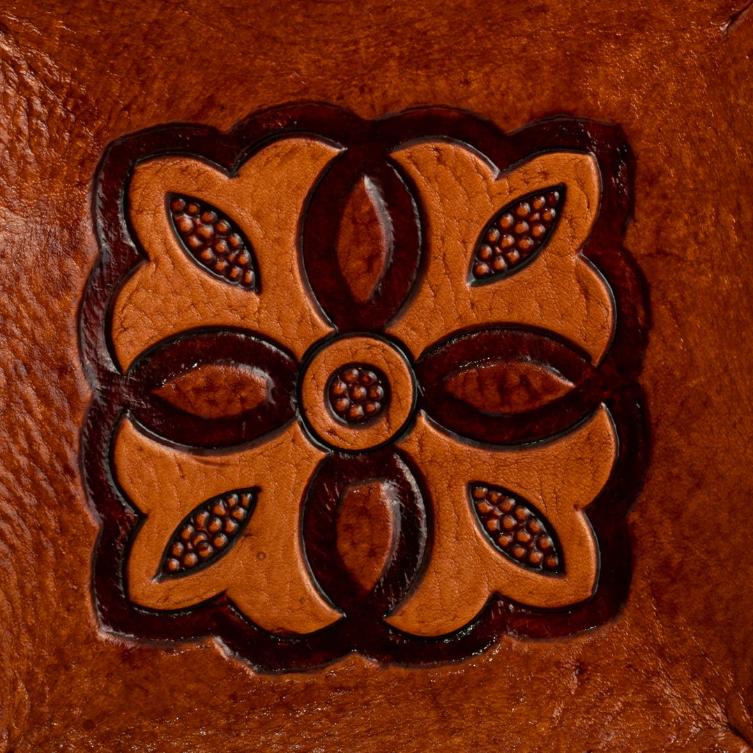 Brown Hand Tooled Leather Catchall Plate from Peru - Colonial Florals