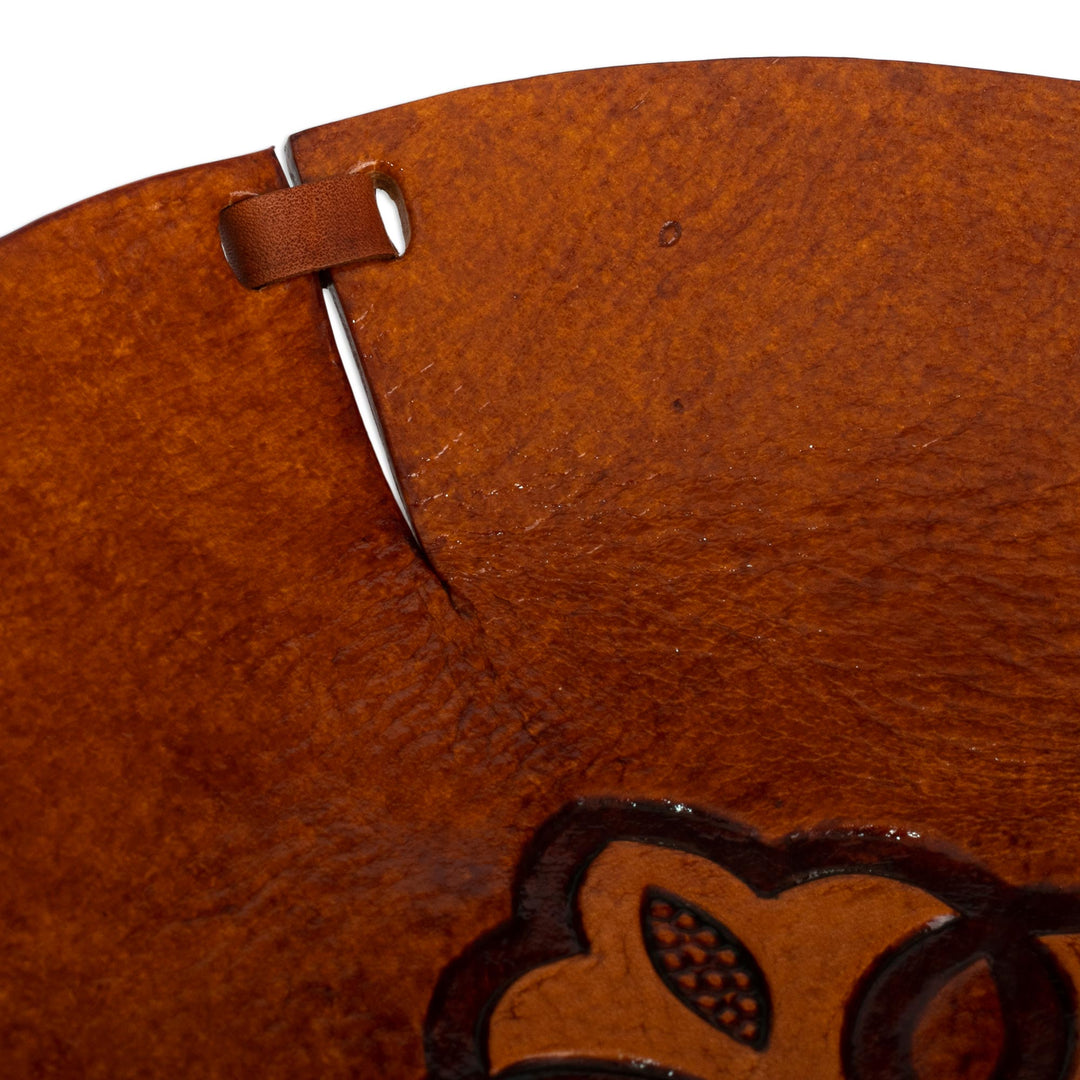 Brown Hand Tooled Leather Catchall Plate from Peru - Colonial Florals