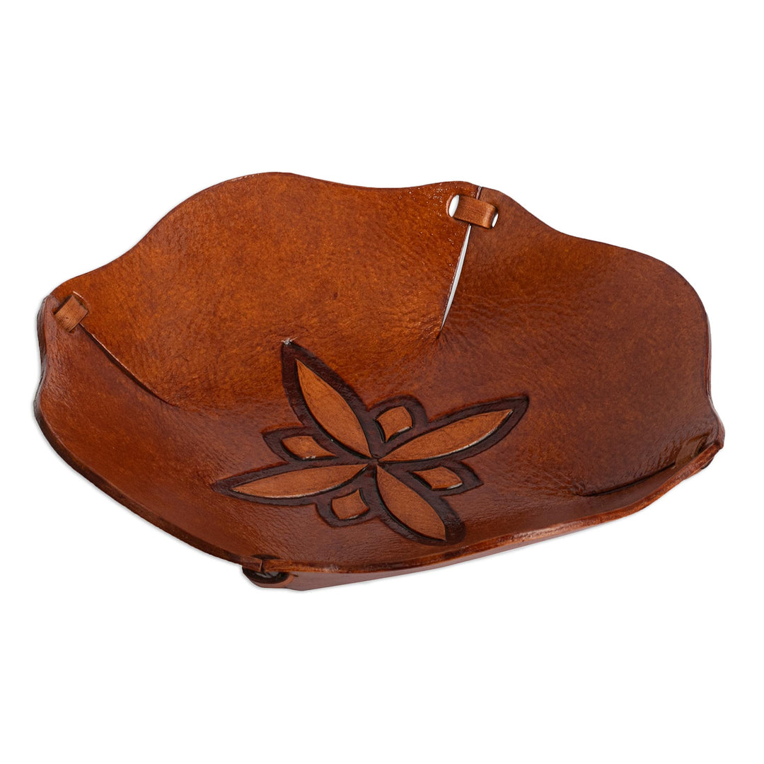 Pure Leather Catchall with Floral Design from Peru - Andean Flower