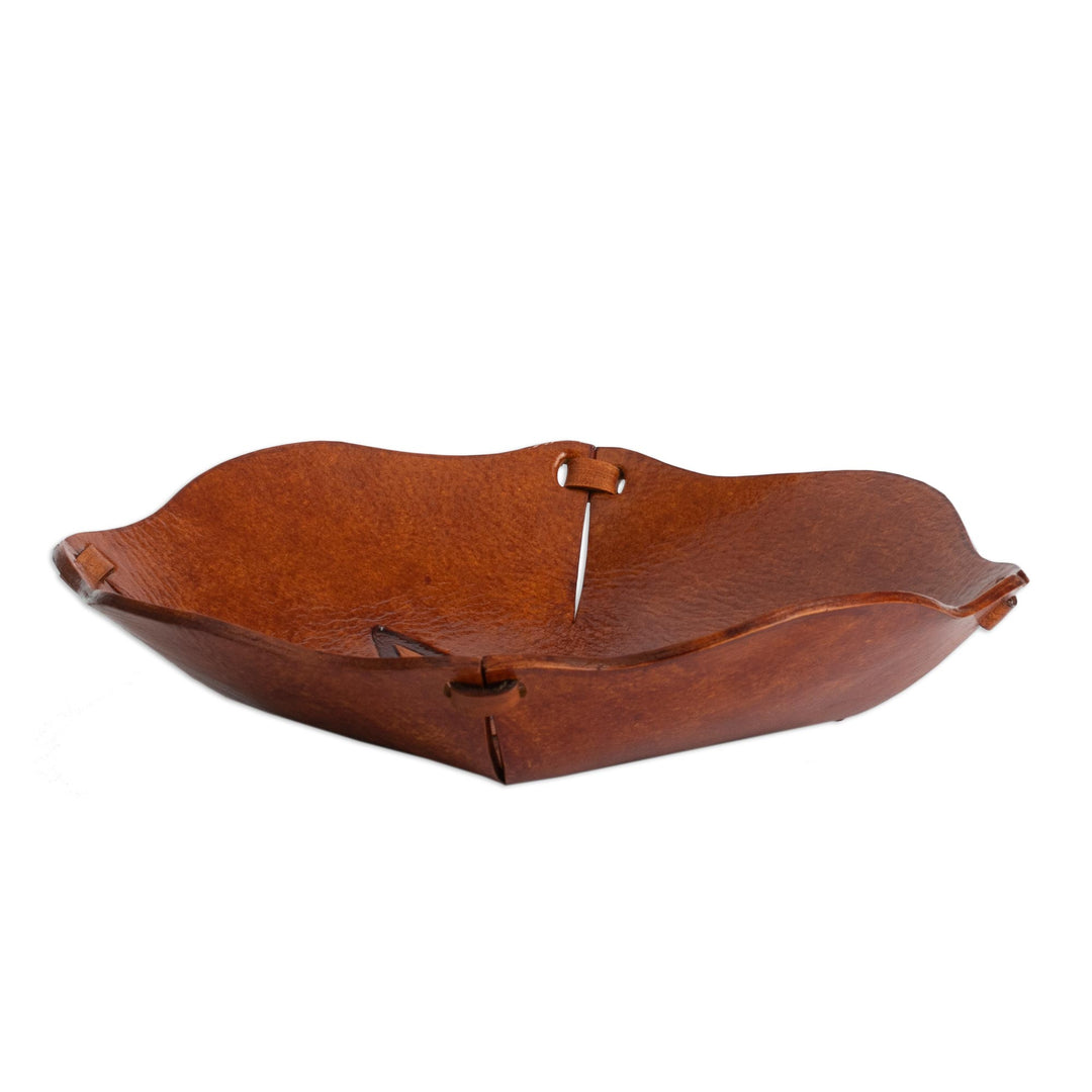 Pure Leather Catchall with Floral Design from Peru - Andean Flower