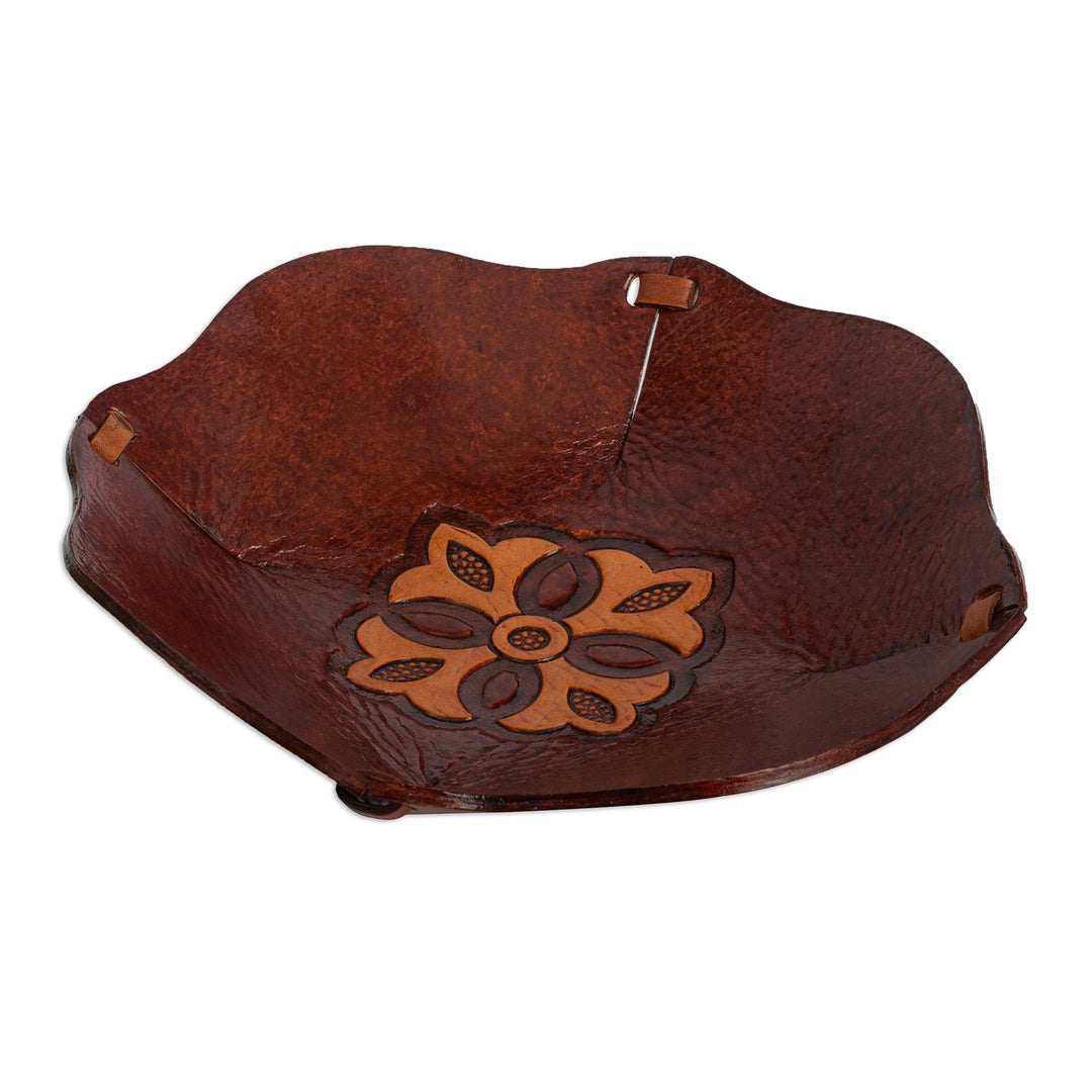 Hand Tooled Leather Catchall Plate from Peru - Mahogany Flower