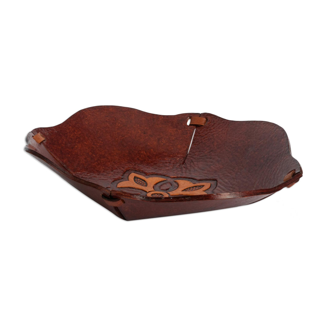 Hand Tooled Leather Catchall Plate from Peru - Mahogany Flower