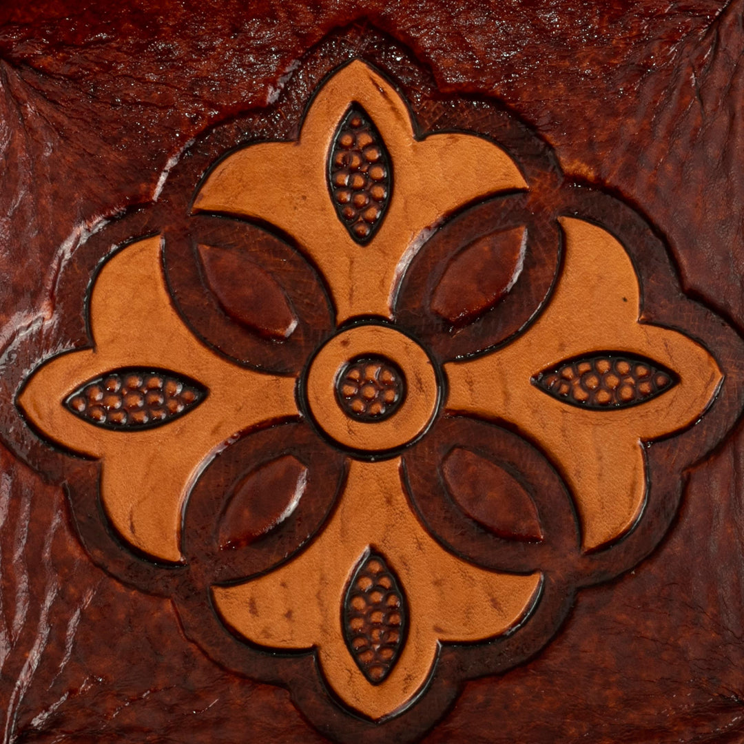 Hand Tooled Leather Catchall Plate from Peru - Mahogany Flower