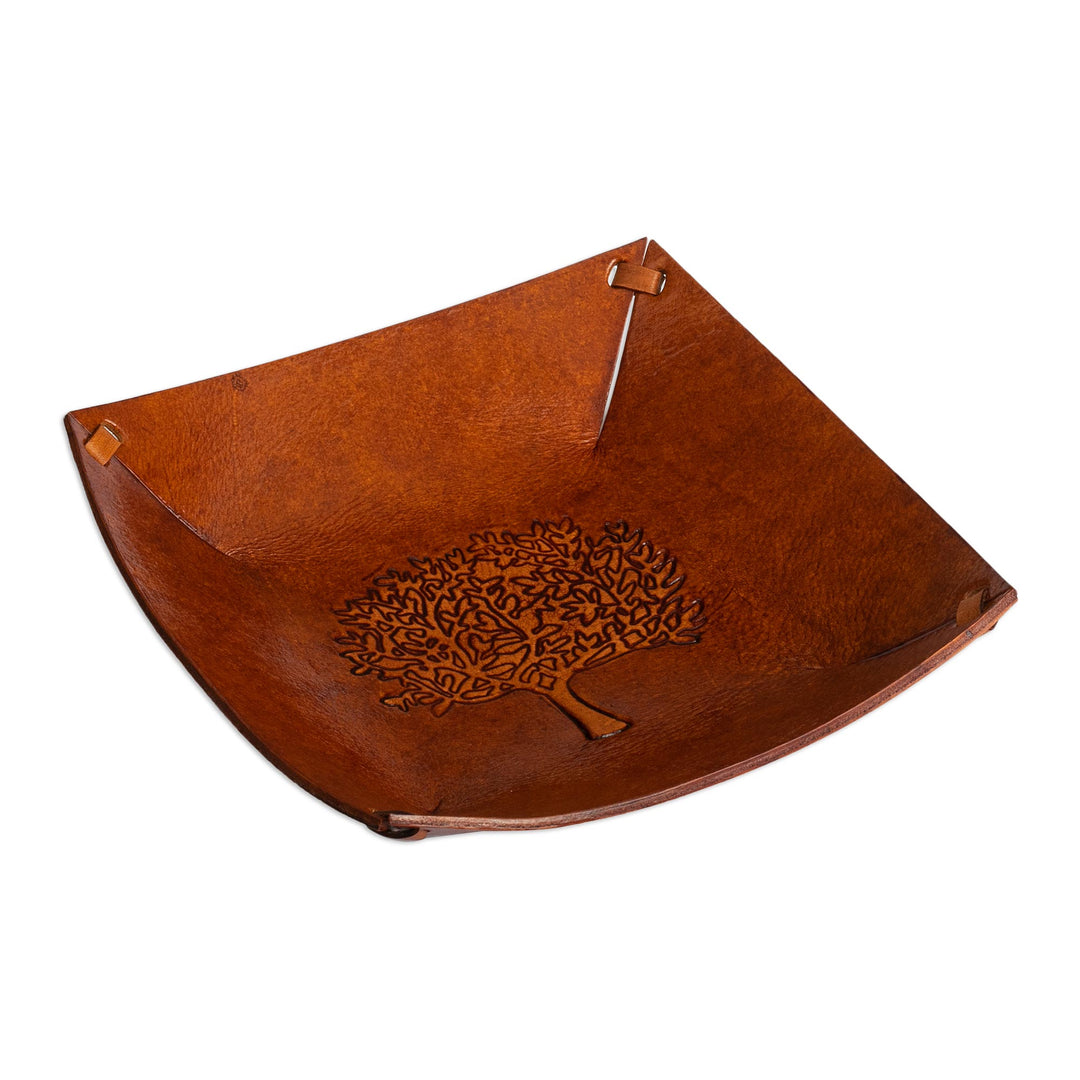 Squared Brown Hand Tooled Leather Catchall from Peru - Sienna Tree