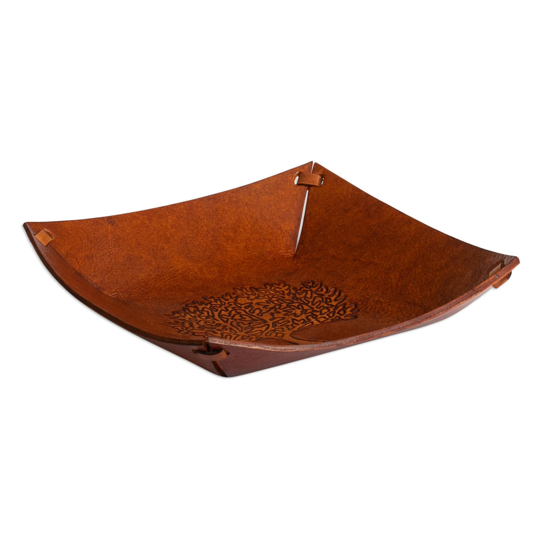Squared Brown Hand Tooled Leather Catchall from Peru - Sienna Tree