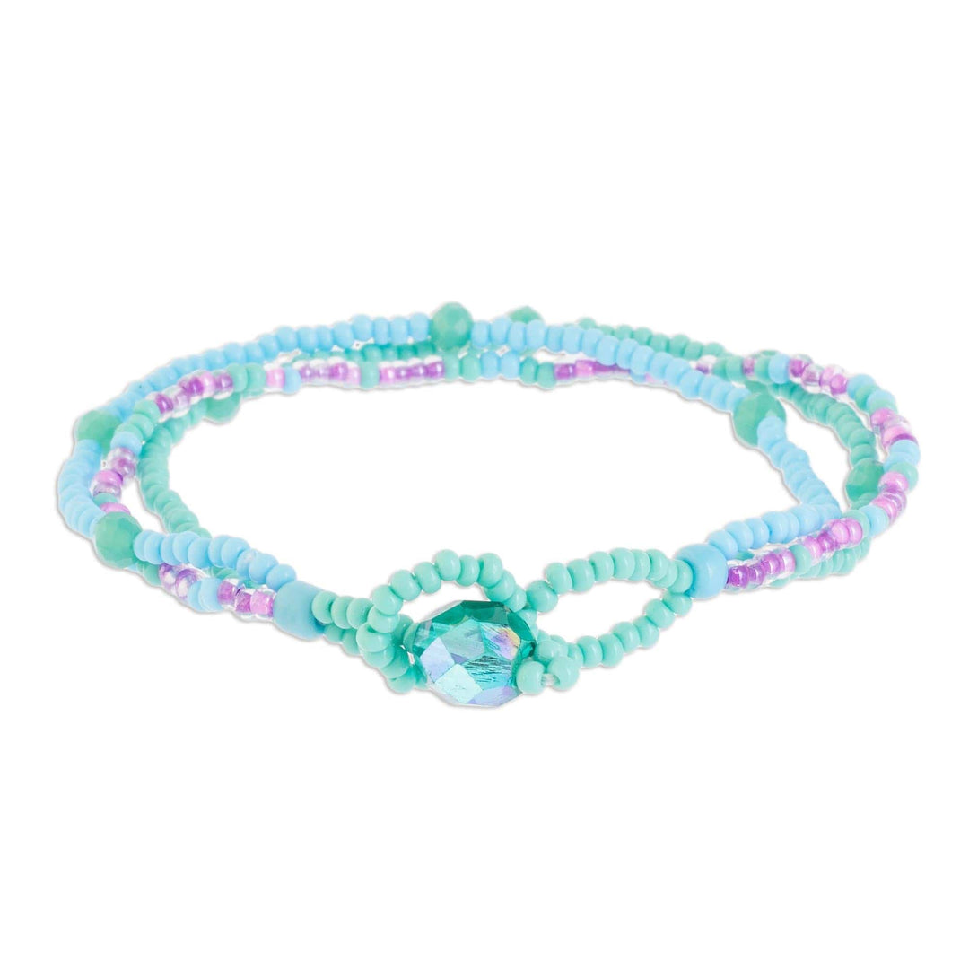 Glass Bead Strand Bracelet in Aqua and Lilac from Guatemala - Lines in Turquoise