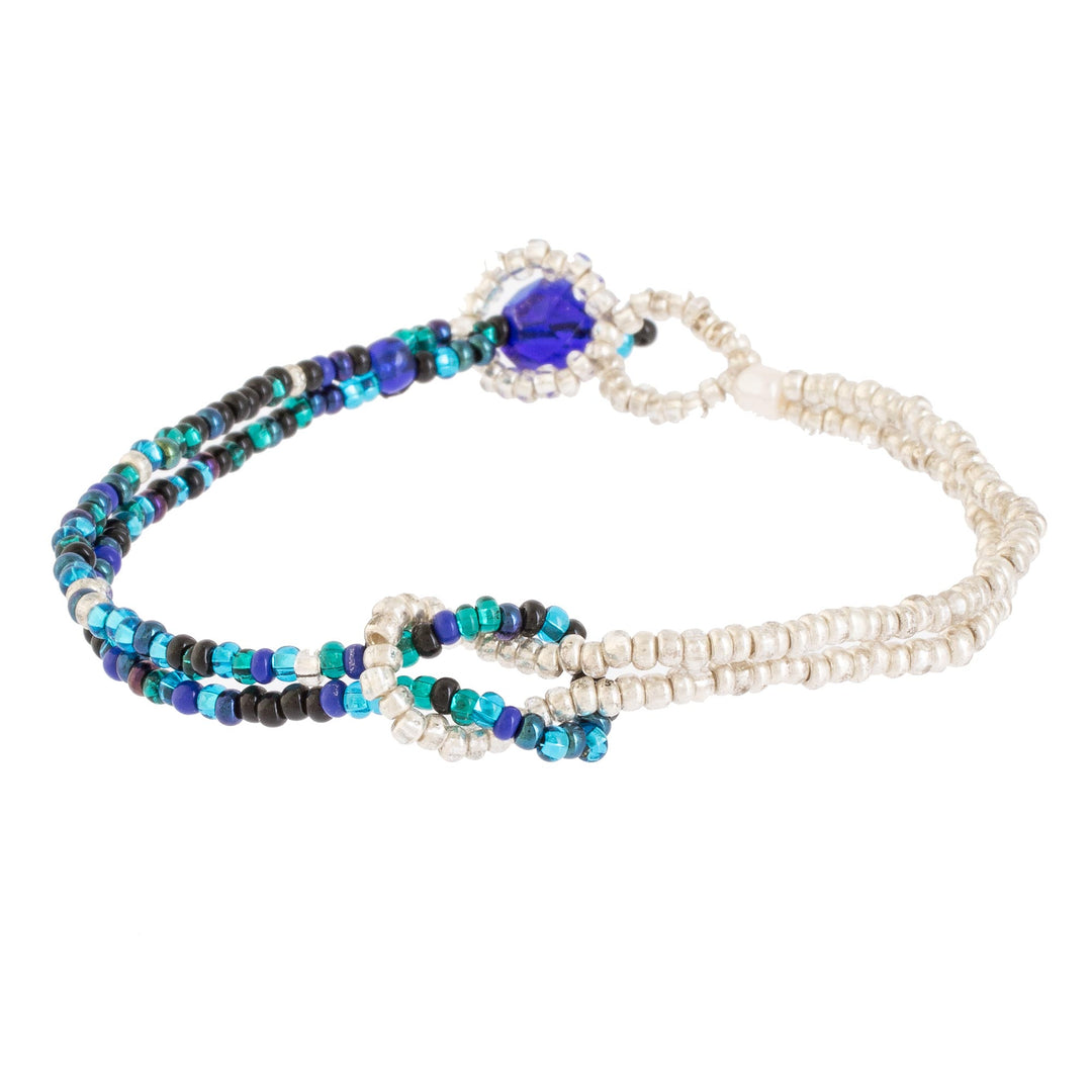 Glass Bead Knotted Bracelet in Aqua and Gold from Guatemala - Divine Union in White and Blue