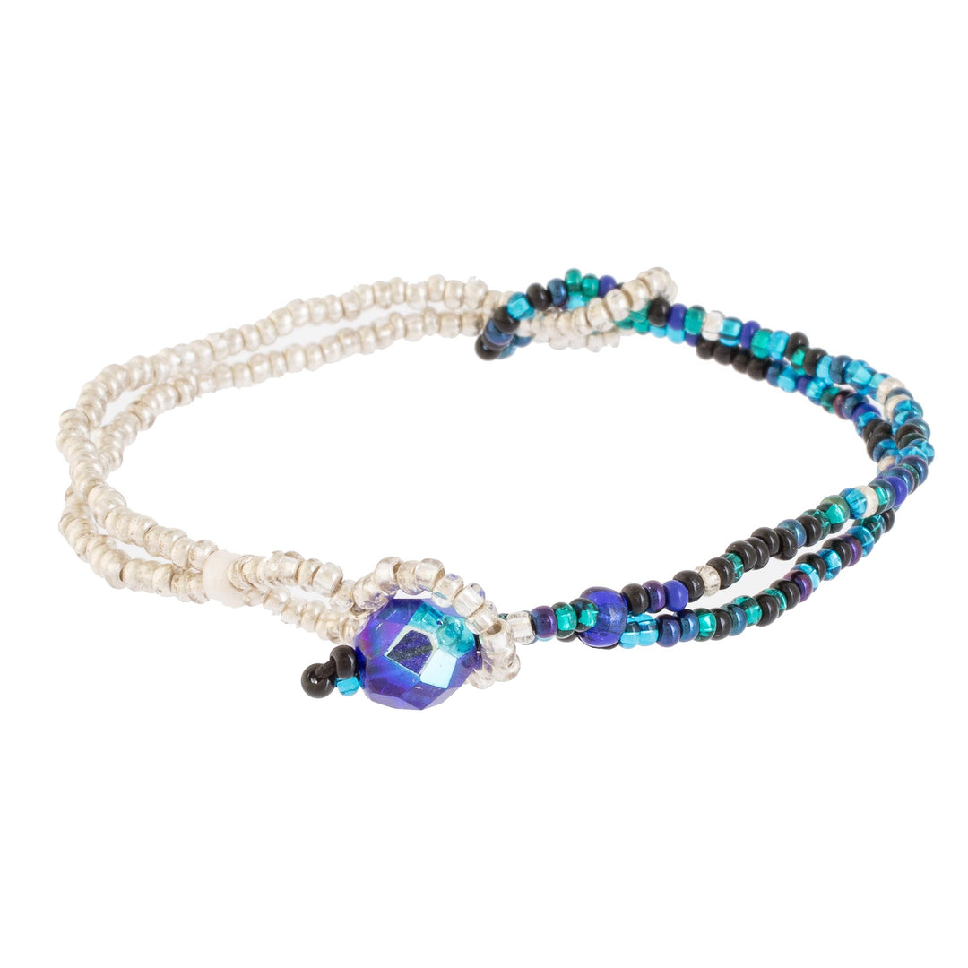 Glass Bead Knotted Bracelet in Aqua and Gold from Guatemala - Divine Union in White and Blue