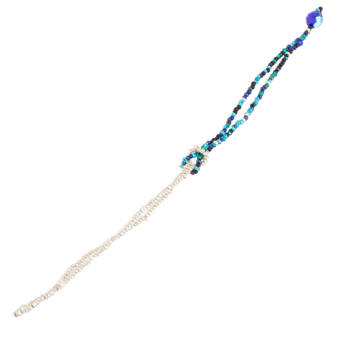 Glass Bead Knotted Bracelet in Aqua and Gold from Guatemala - Divine Union in White and Blue