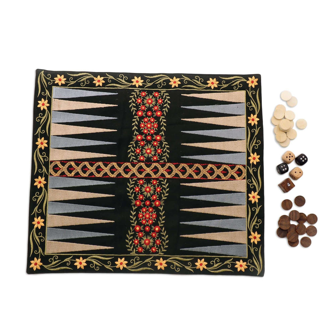 Floral Embroidered Backgammon Set - Ganga Garden in Red