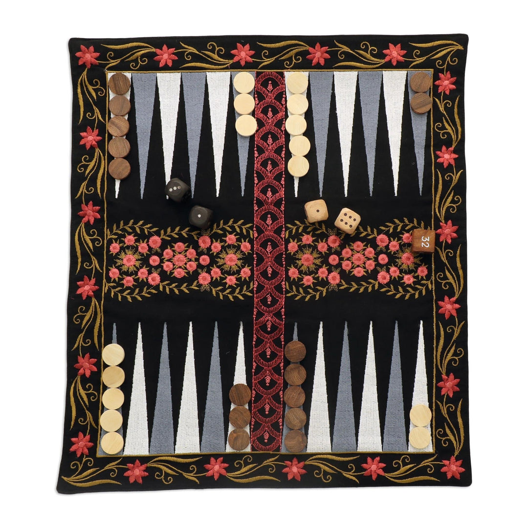 Canvas Travel Backgammon Set - Ganga Garden in Pink
