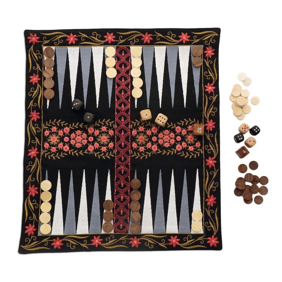 Canvas Travel Backgammon Set - Ganga Garden in Pink