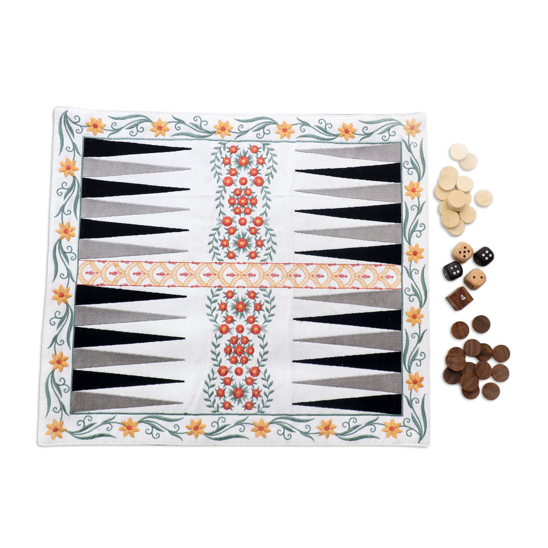 Floral Embroidered Travelers Backgammon Game - Ganga Garden in Yellow