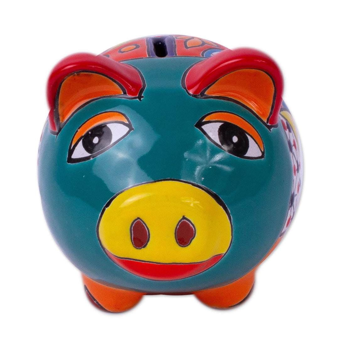 Hand Painted Talavera Style Decorative Accent - Flower Piggy