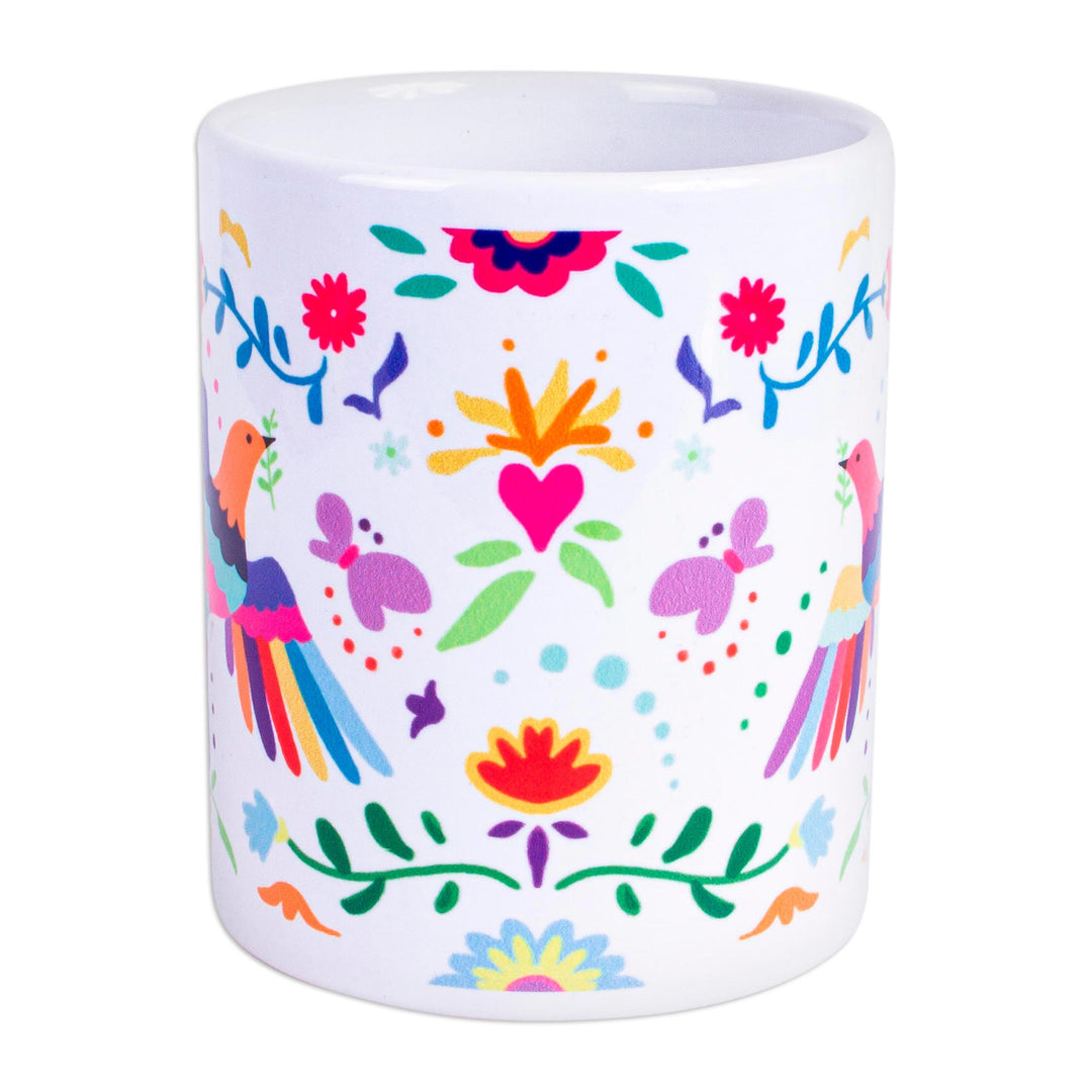 Artisan Crafted Otomi Birds and Flowers Motif Ceramic Mug - Otomi Morning