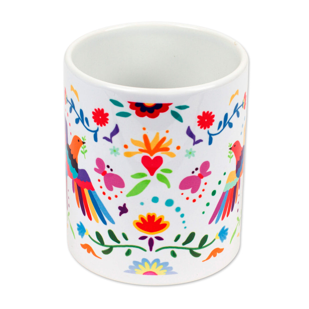 Artisan Crafted Otomi Birds and Flowers Motif Ceramic Mug - Otomi Morning