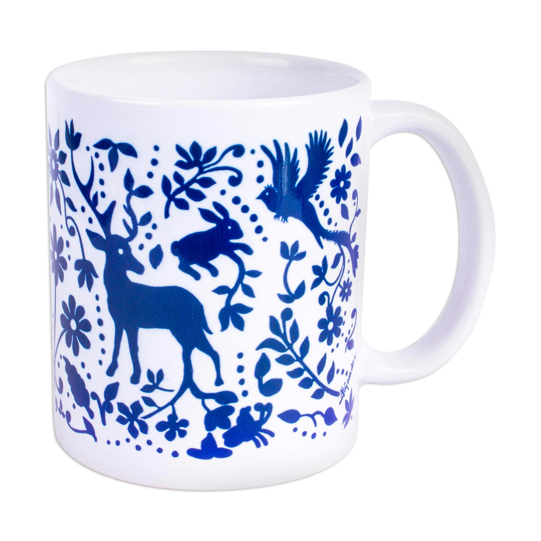 Artisan Crafted Otomi Blue Birds and Flowers Ceramic Mug - Blue Otomi