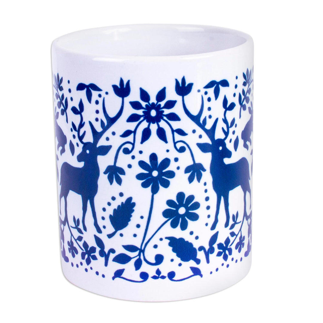 Artisan Crafted Otomi Blue Birds and Flowers Ceramic Mug - Blue Otomi