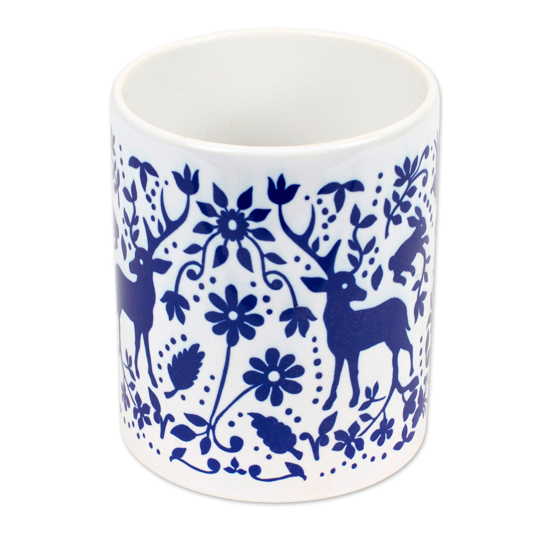 Artisan Crafted Otomi Blue Birds and Flowers Ceramic Mug - Blue Otomi