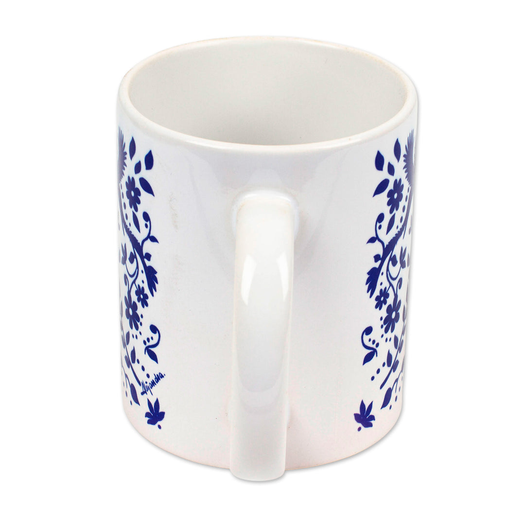 Artisan Crafted Otomi Blue Birds and Flowers Ceramic Mug - Blue Otomi