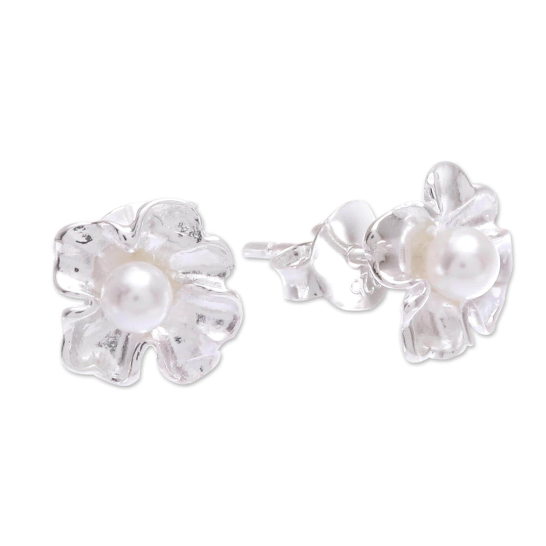 Sterling Silver and Cultured Pearl Stud Earrings - Sea Petals