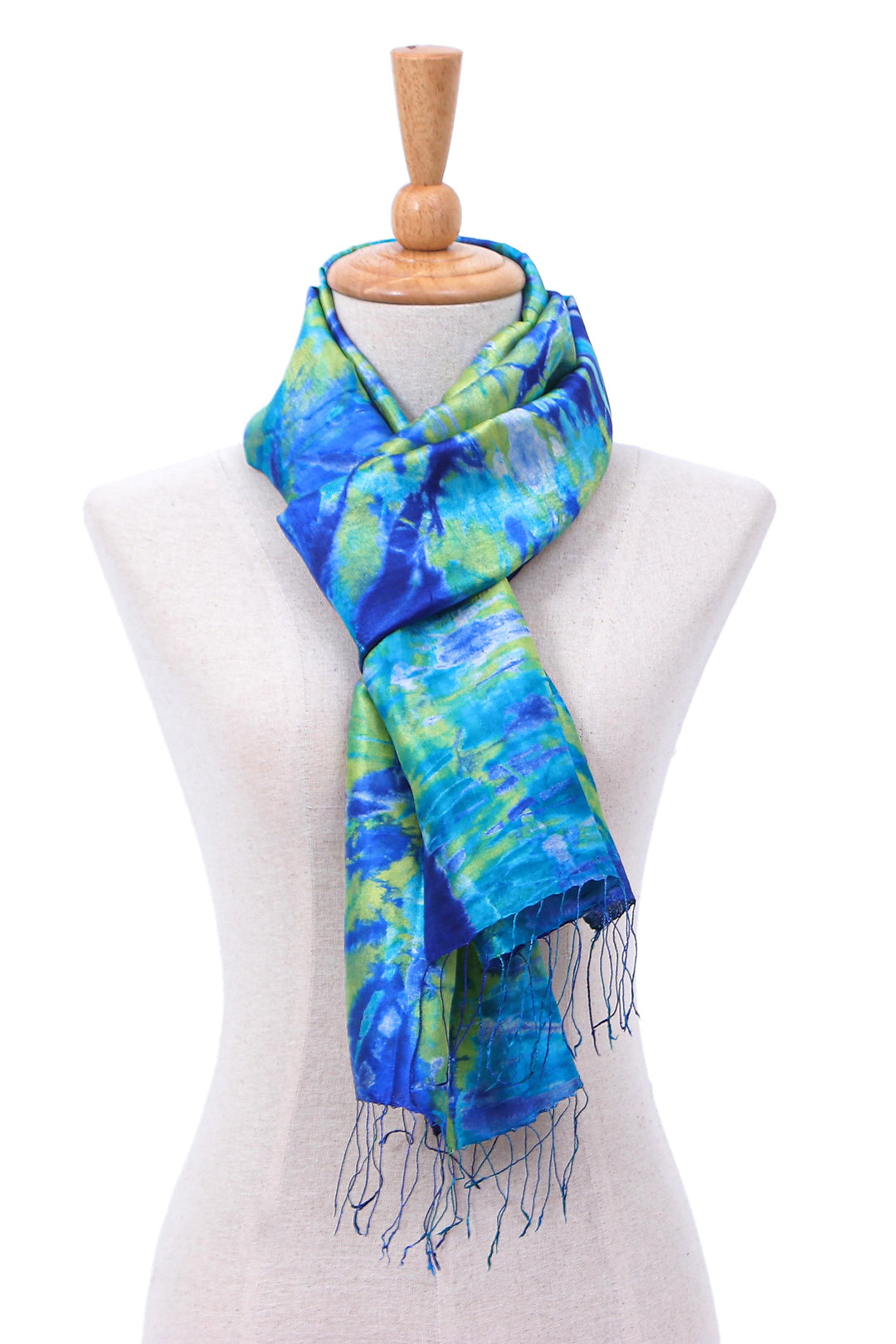 Fringed Tie-Dyed Silk Scarf - Smiling Sea