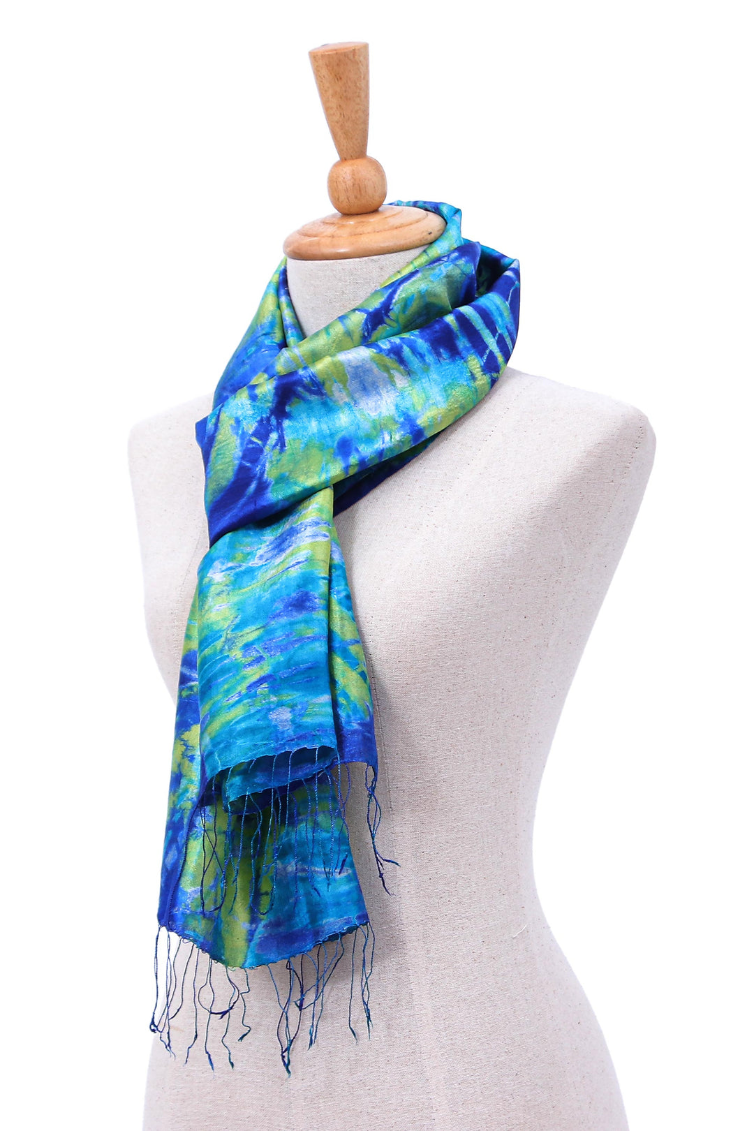 Fringed Tie-Dyed Silk Scarf - Smiling Sea
