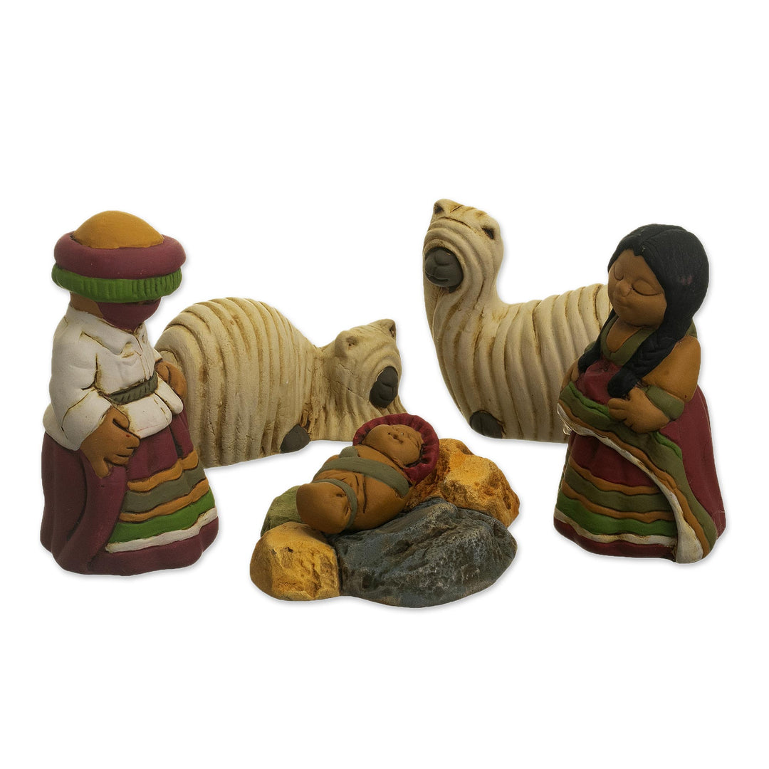 Andean Ceramic Nativity Set with Alpacas from Peru - Suri Nativity