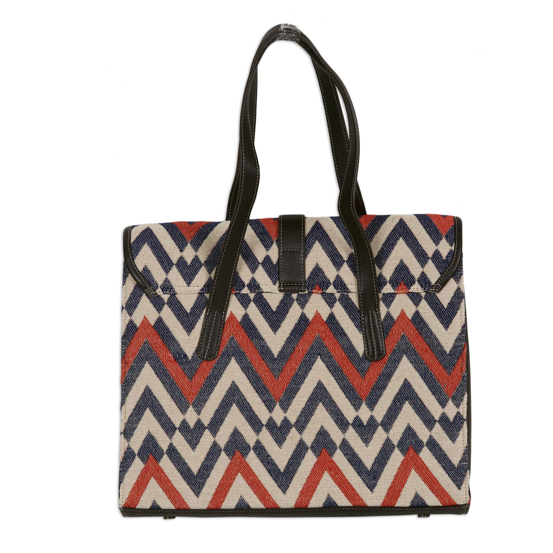 Woven Cotton and Leather Tote Bag - Delightful Waves