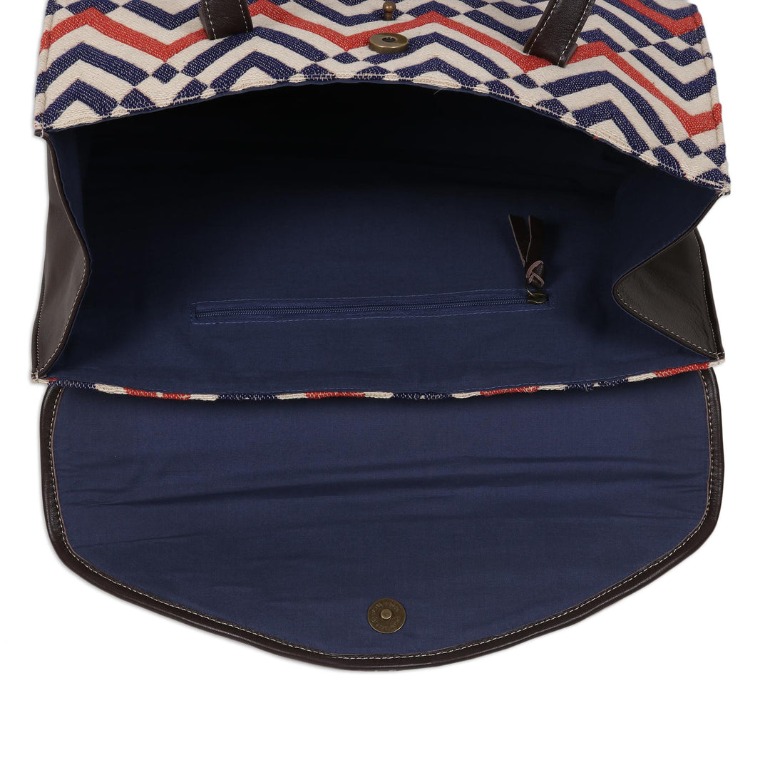 Woven Cotton and Leather Tote Bag - Delightful Waves