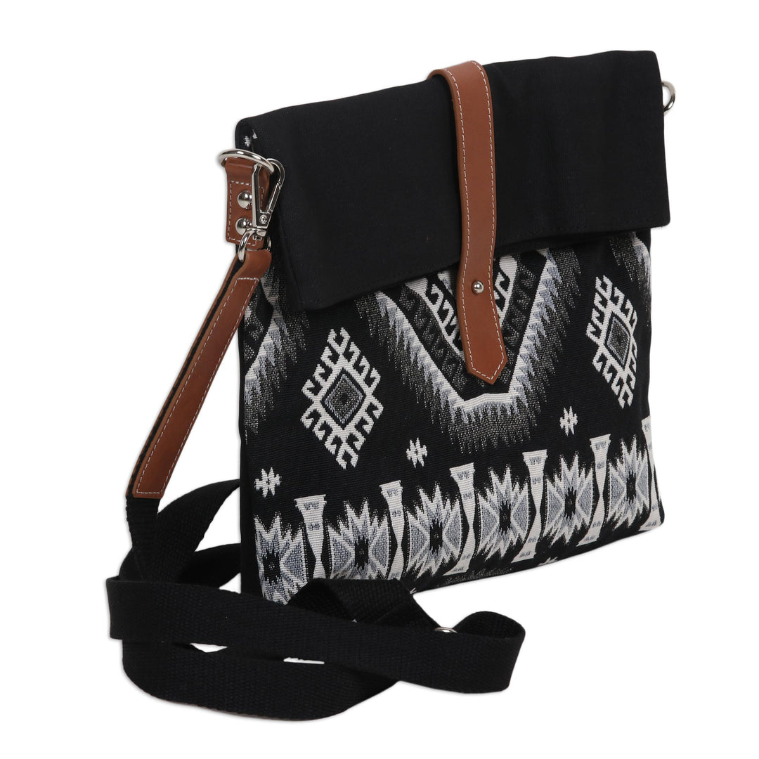 Woven Cotton and Leather Sling Bag - Fancy Diamonds