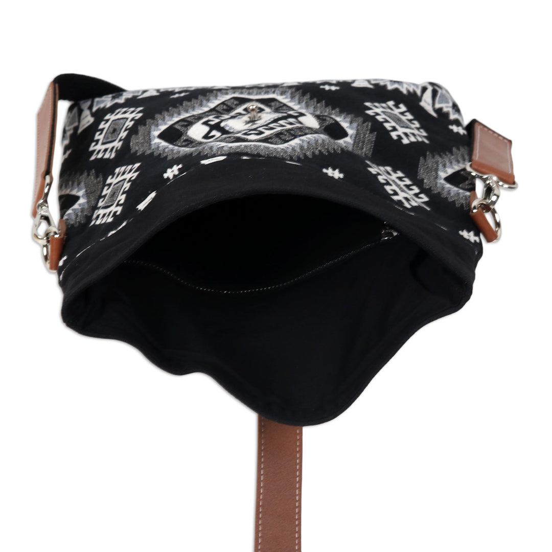 Woven Cotton and Leather Sling Bag - Fancy Diamonds