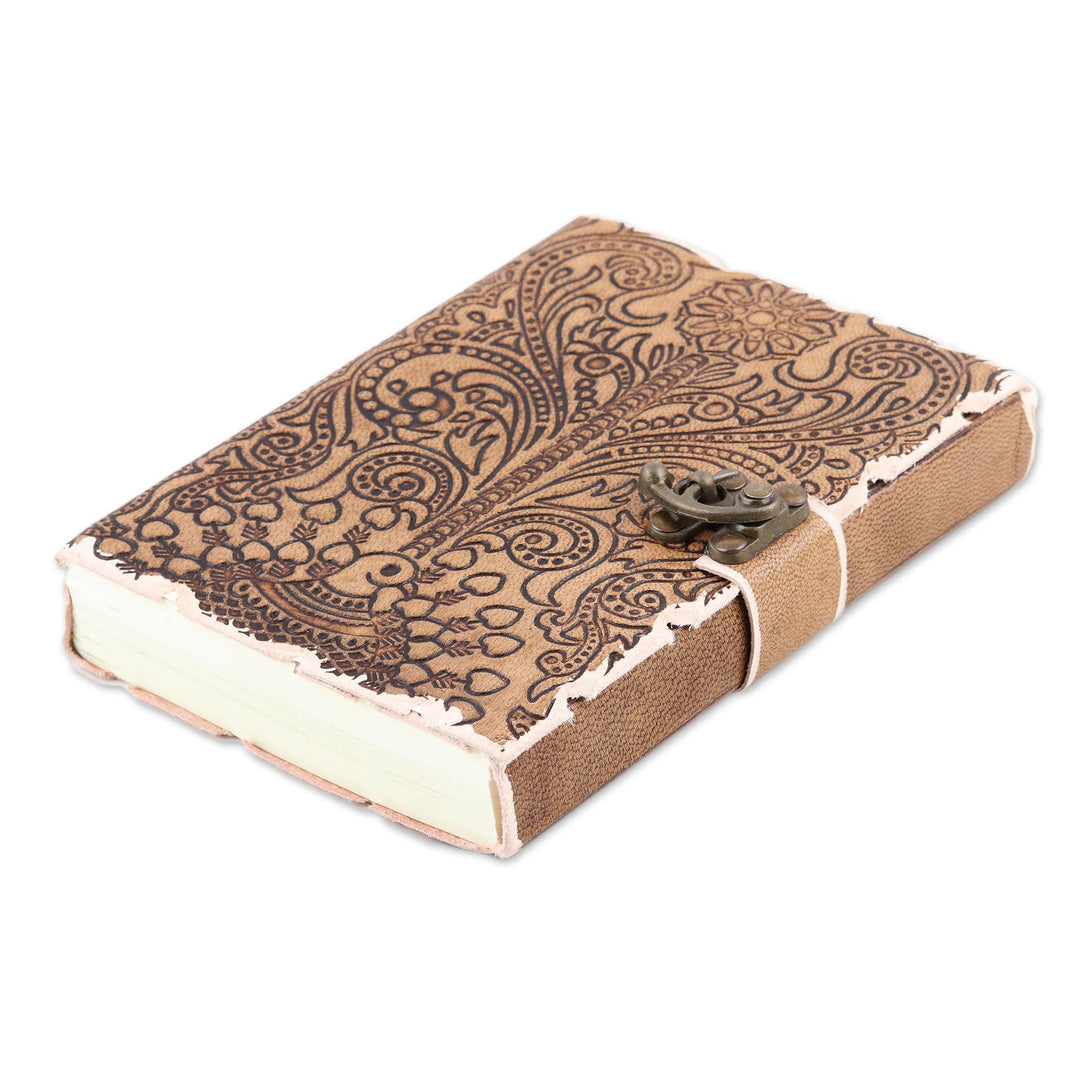 Embossed Cotton and Leather Peacock-Motif Journal - Daily Thoughts