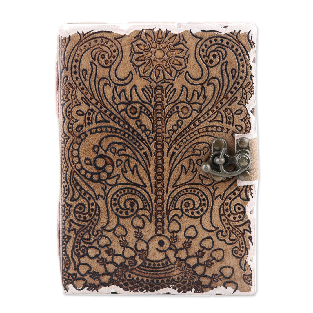 Embossed Cotton and Leather Peacock-Motif Journal - Daily Thoughts