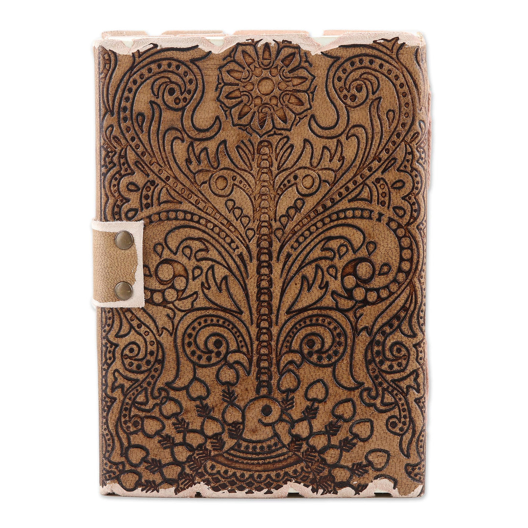 Embossed Cotton and Leather Peacock-Motif Journal - Daily Thoughts