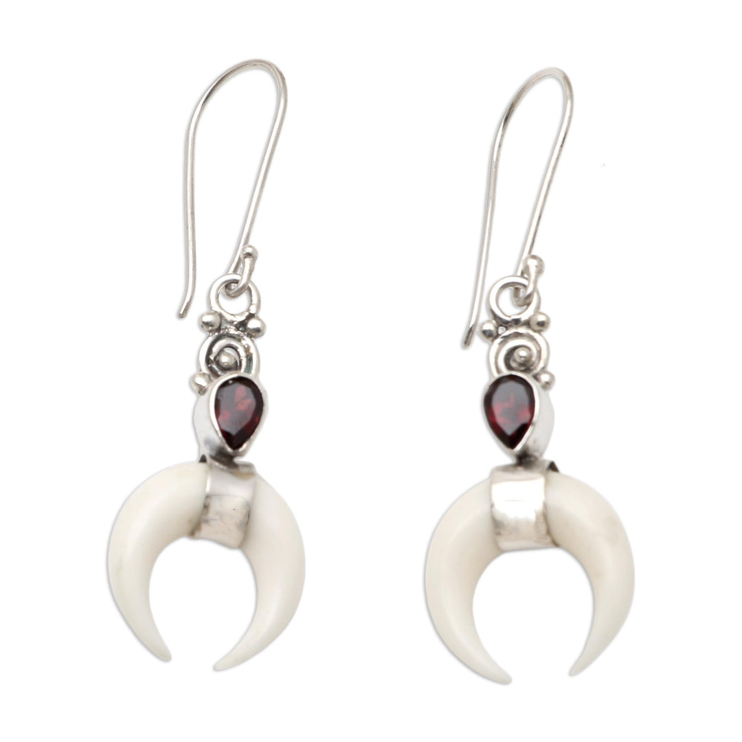 Hand Made Bone and Garnet Dangle Earrings - Blood Red Moon