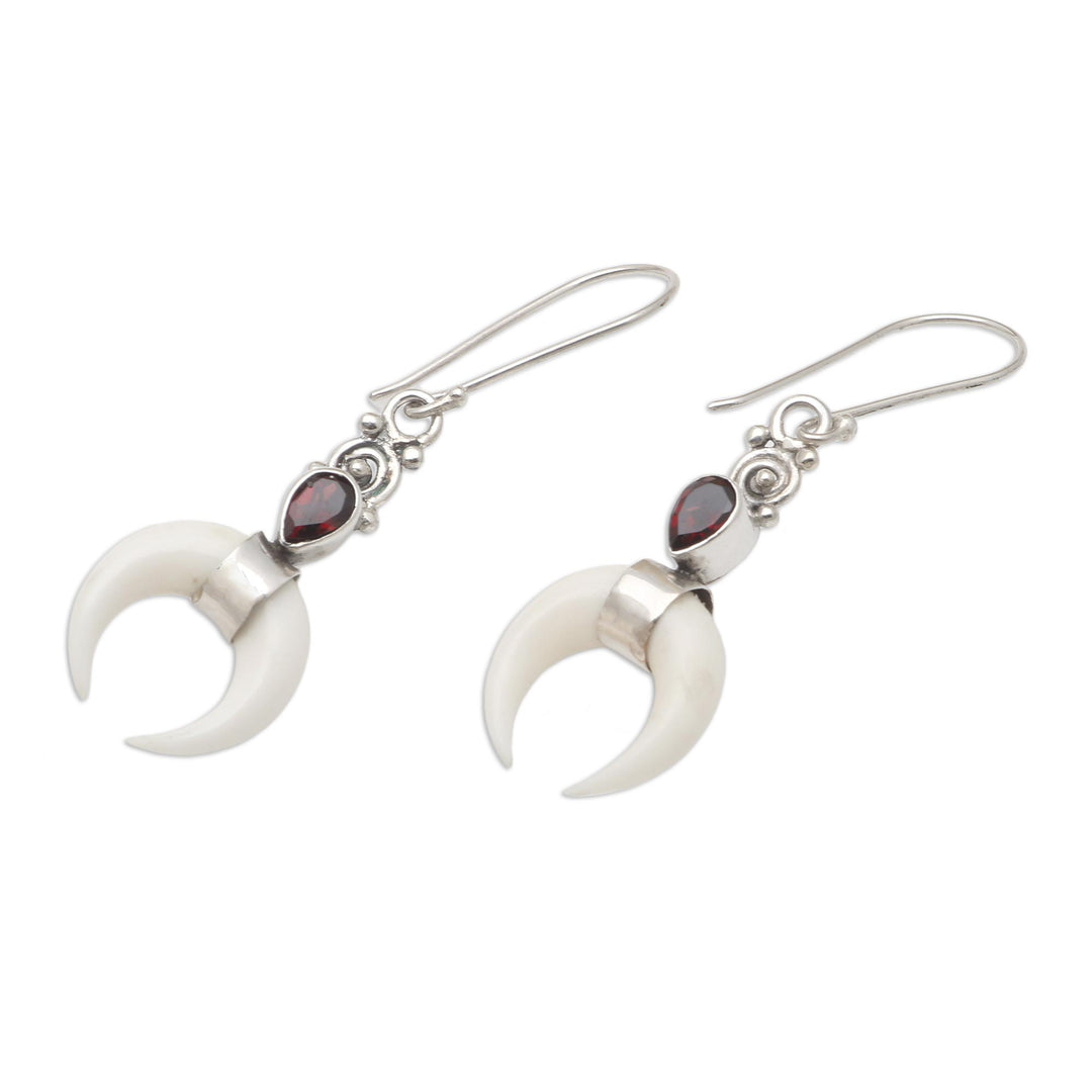 Hand Made Bone and Garnet Dangle Earrings - Blood Red Moon