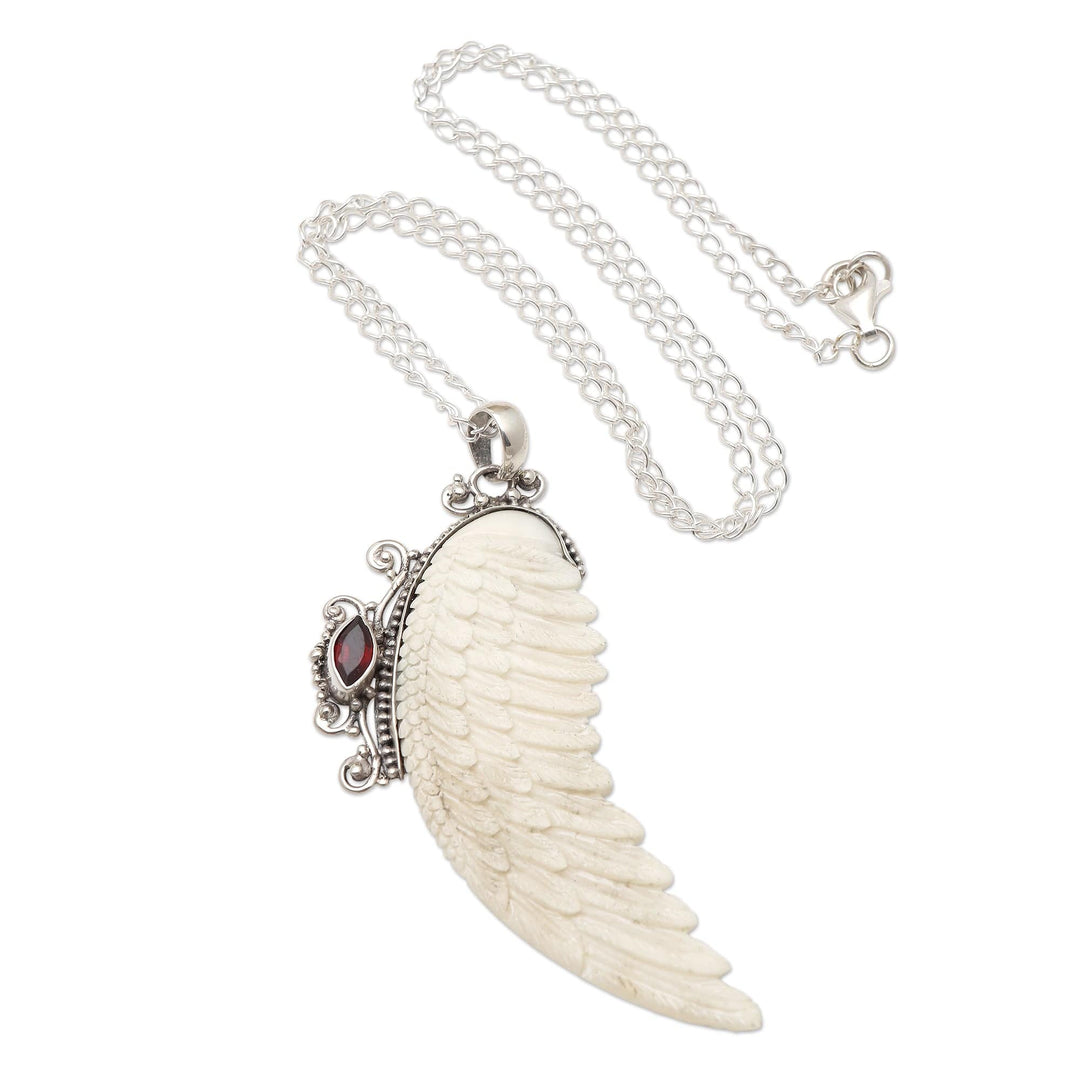 Garnet and Sterling Silver Angel Wing Pendant Necklace - Pale Angel