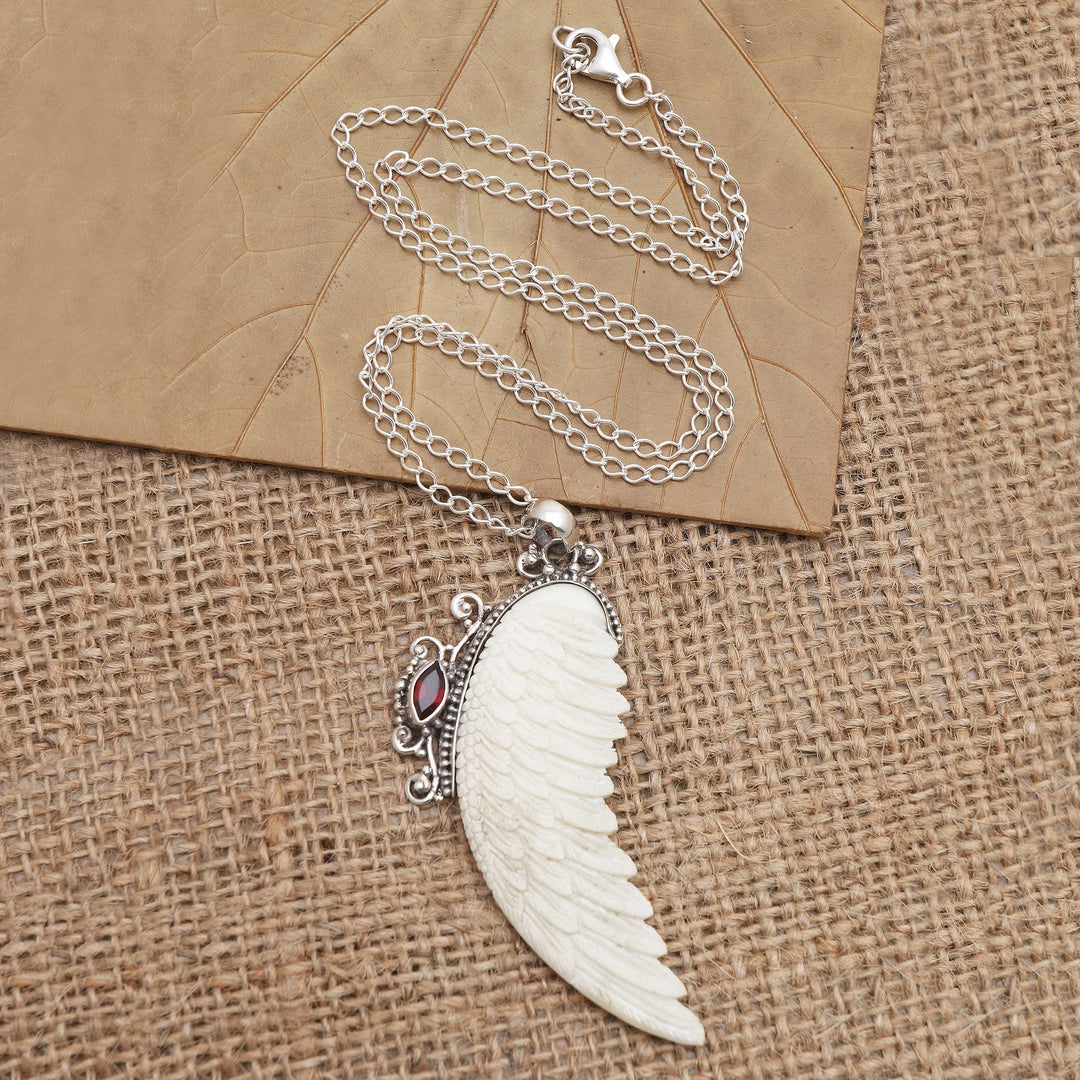 Garnet and Sterling Silver Angel Wing Pendant Necklace - Pale Angel