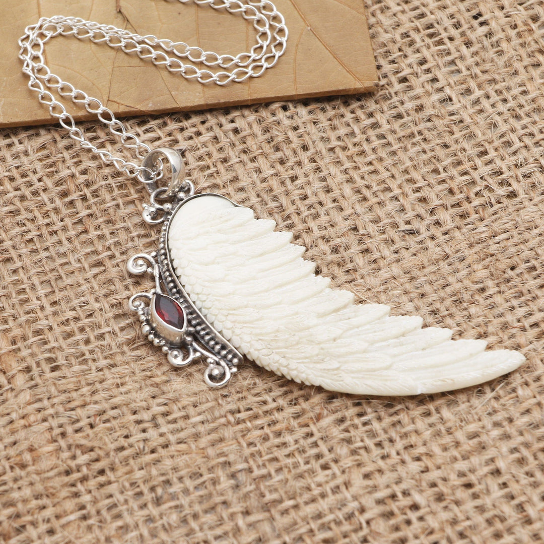 Garnet and Sterling Silver Angel Wing Pendant Necklace - Pale Angel