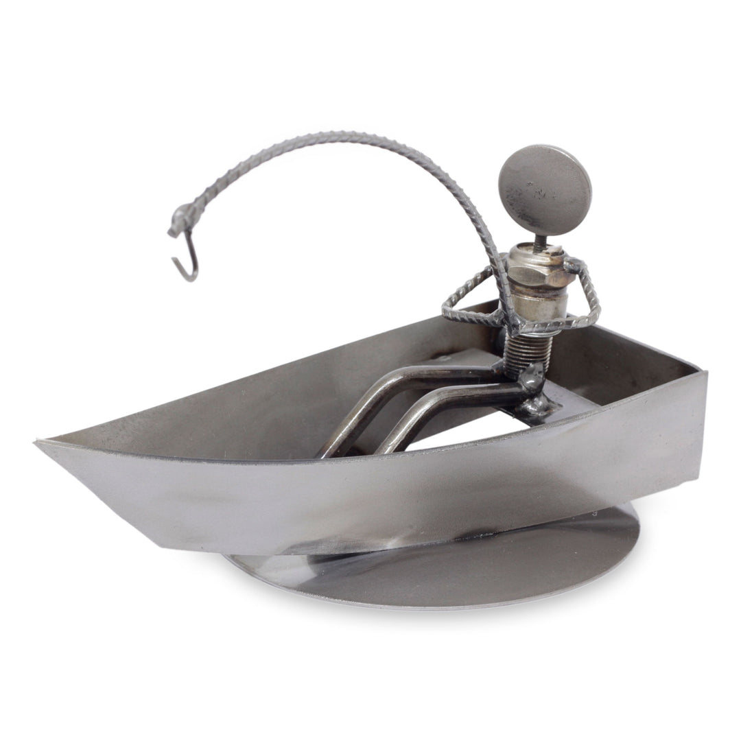 Handcrafted Recycled Metal Fisherman Sculpture - Rustic Fisherman