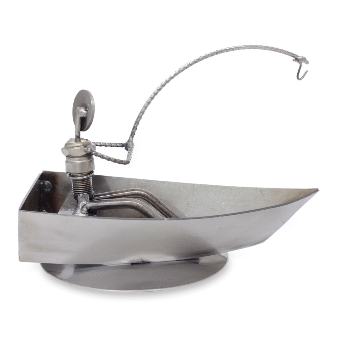 Handcrafted Recycled Metal Fisherman Sculpture - Rustic Fisherman