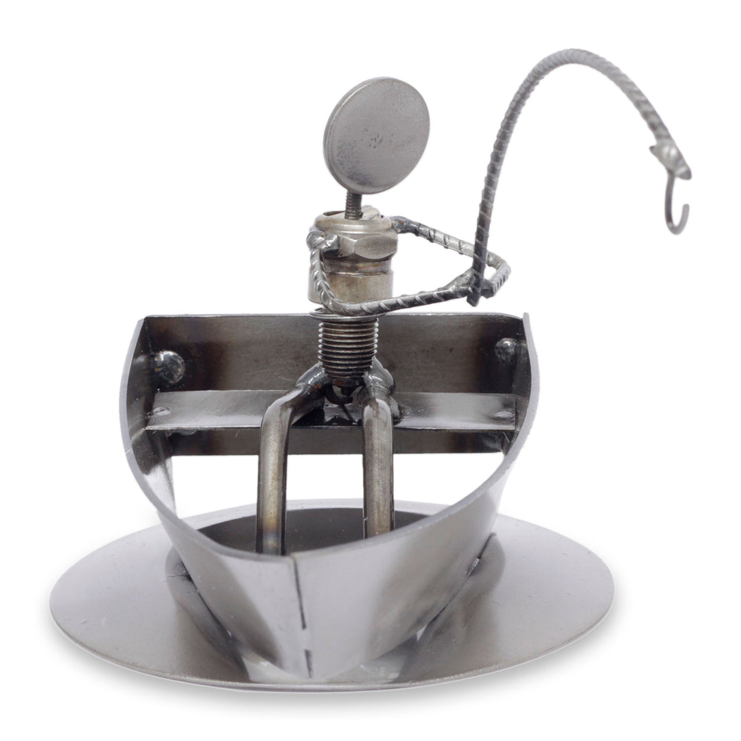 Handcrafted Recycled Metal Fisherman Sculpture - Rustic Fisherman