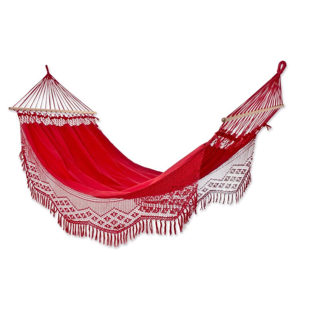 Red Hand Woven Cotton Hammock with Spreader Bar (Single) - Tropical Red