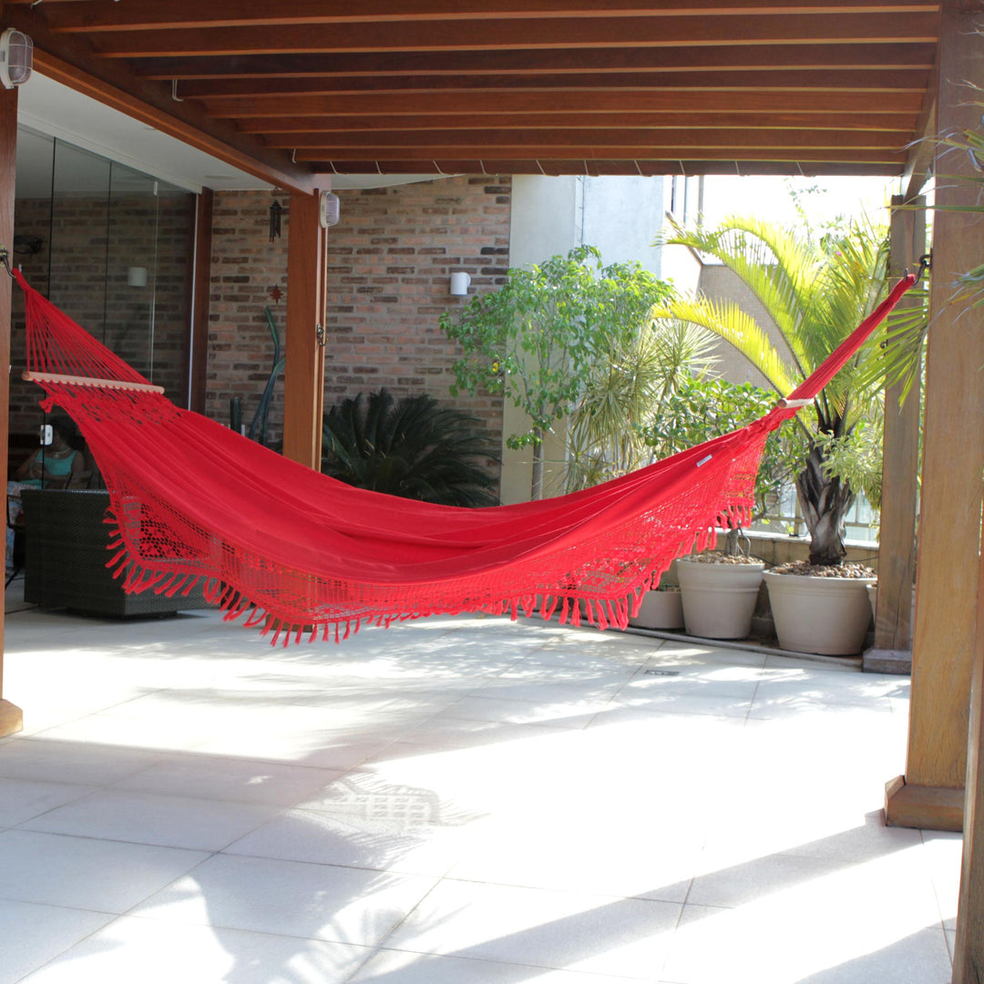 Red Hand Woven Cotton Hammock with Spreader Bar (Single) - Tropical Red