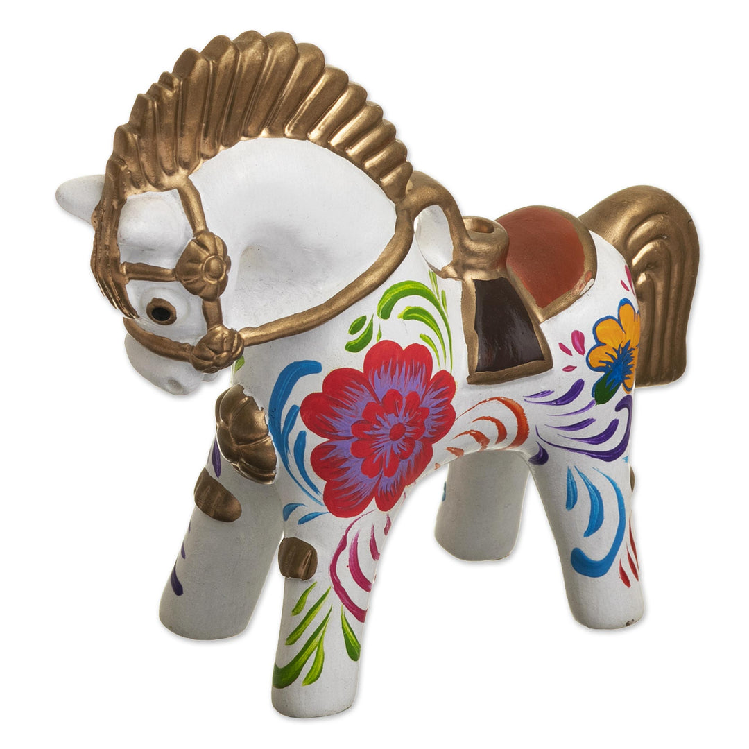 Hand Painted Ceramic Pucara Horse Figurine from Peru - White Pucara Horse