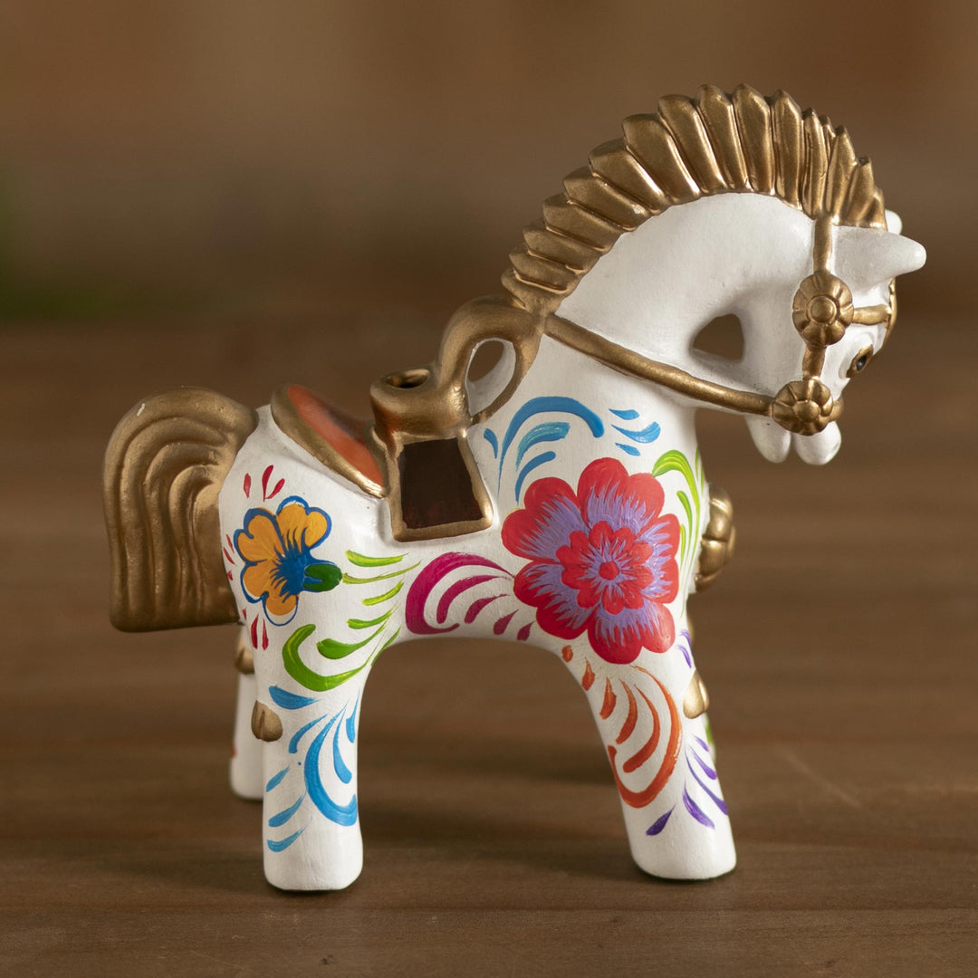 Hand Painted Ceramic Pucara Horse Figurine from Peru - White Pucara Horse