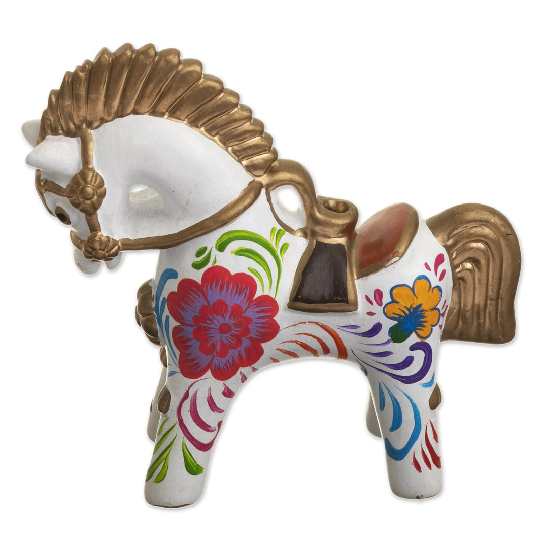 Hand Painted Ceramic Pucara Horse Figurine from Peru - White Pucara Horse
