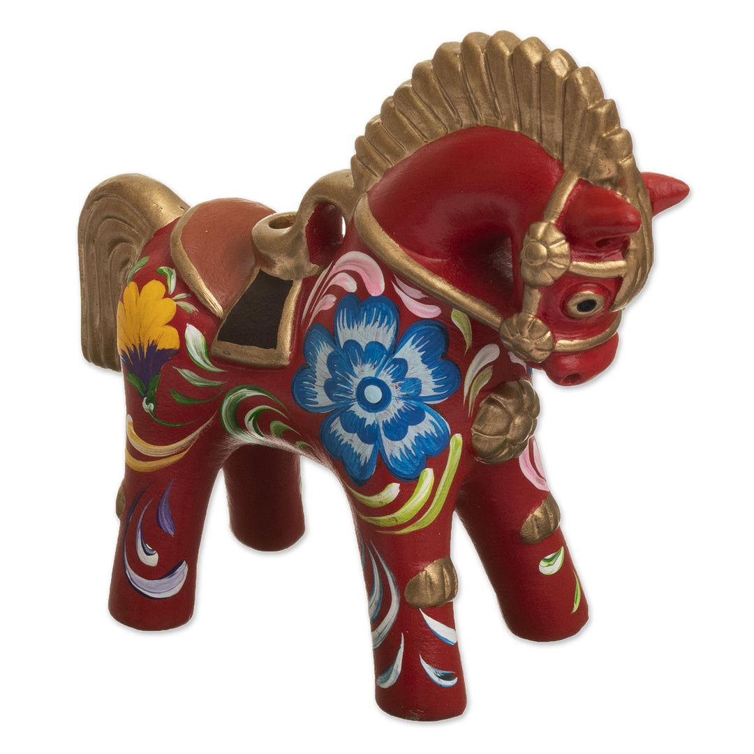 Hand Painted Ceramic Pucara Horse Figurine from Peru - Red Pucara Horse